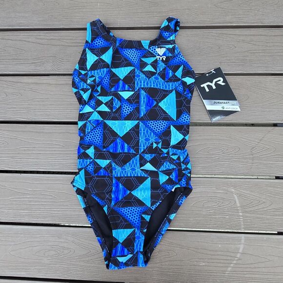 TYR Durafast Elite Mantova Kalidescope 1pc Swimsuit Black Blue Youth Sz 24 New - Picture 1 of 3